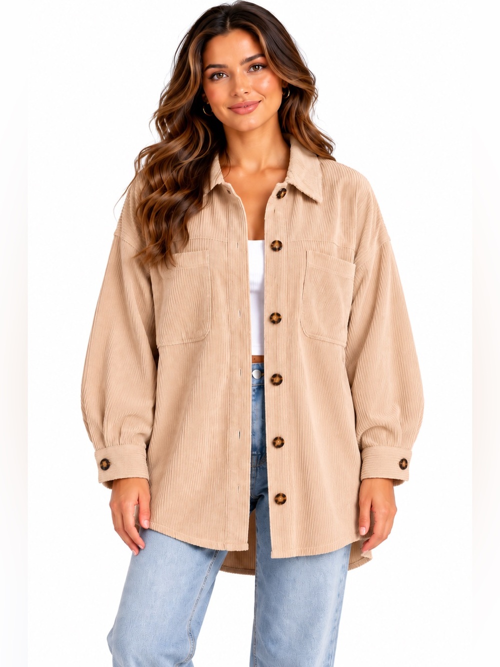 MONROW Corduroy Oversized Shacket beige tan Button Down Shirt Large